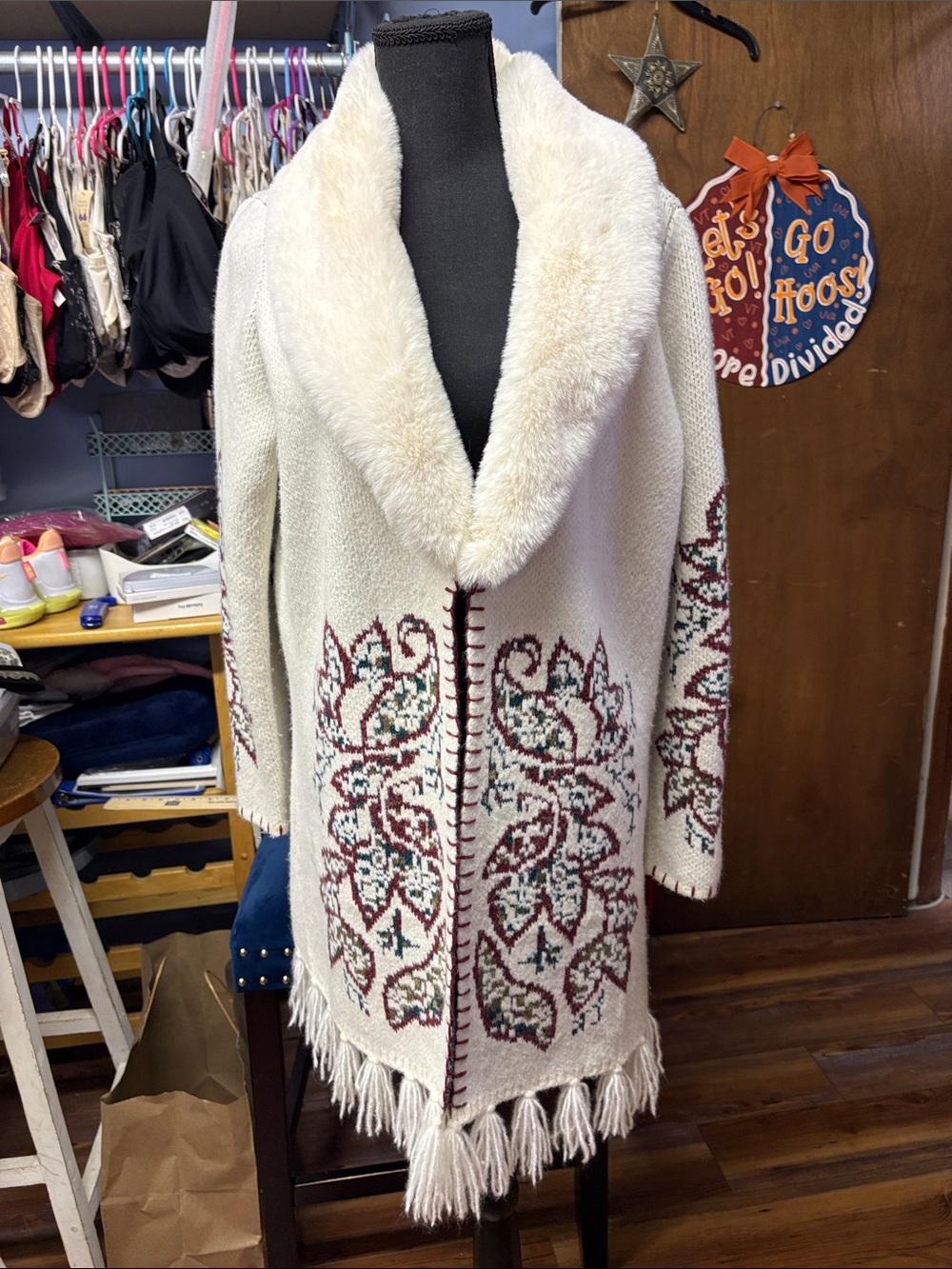 Shyanne Ivory Faux-Fur Collar Embroidered Fringe Cardigan